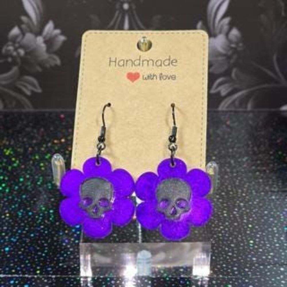 Purple Skull Flower Dangle Earrings - Handmade Spooky Floral Statement Earrings